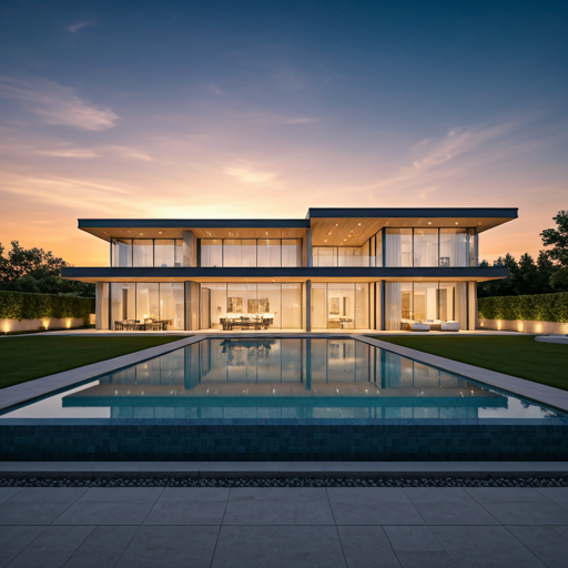 Contemporary luxury villa with glass walls at sunset
