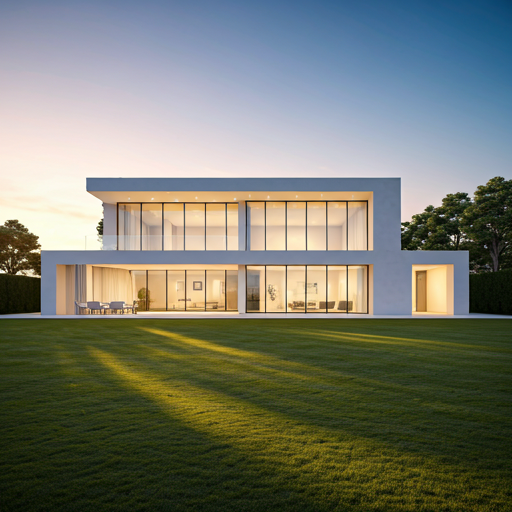 Luxury estate exterior at sunset